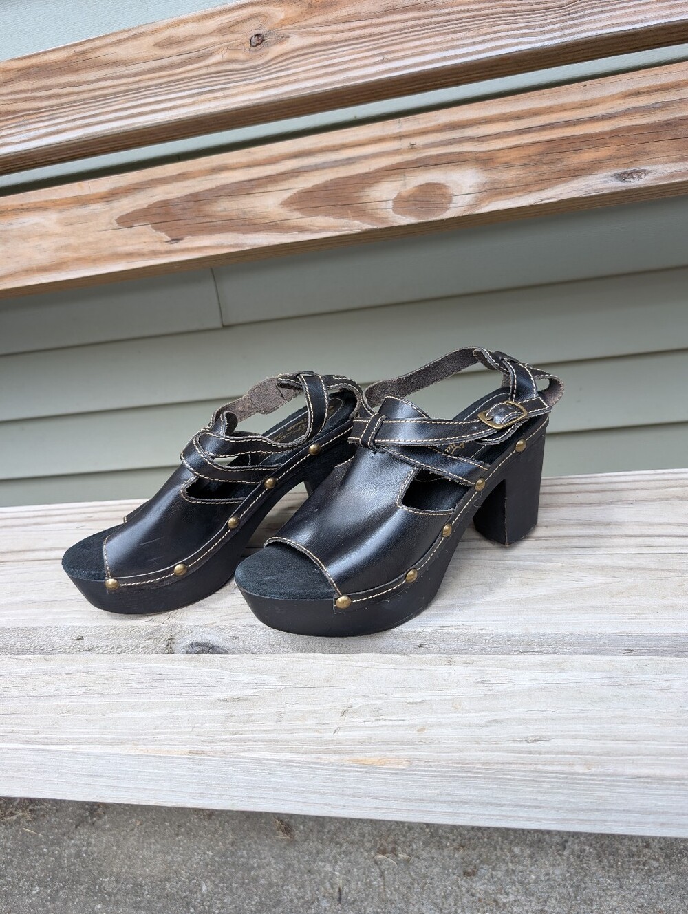 Sbicca Black Leather Studded Ankle Strap Platform Clog Sandals Size 40 (9)